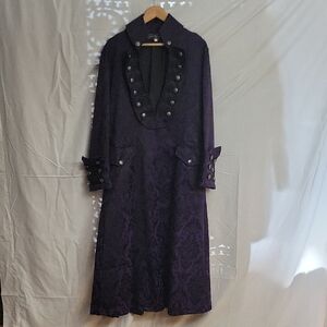 Dark Purple Brocade Military-Style Trench Coat